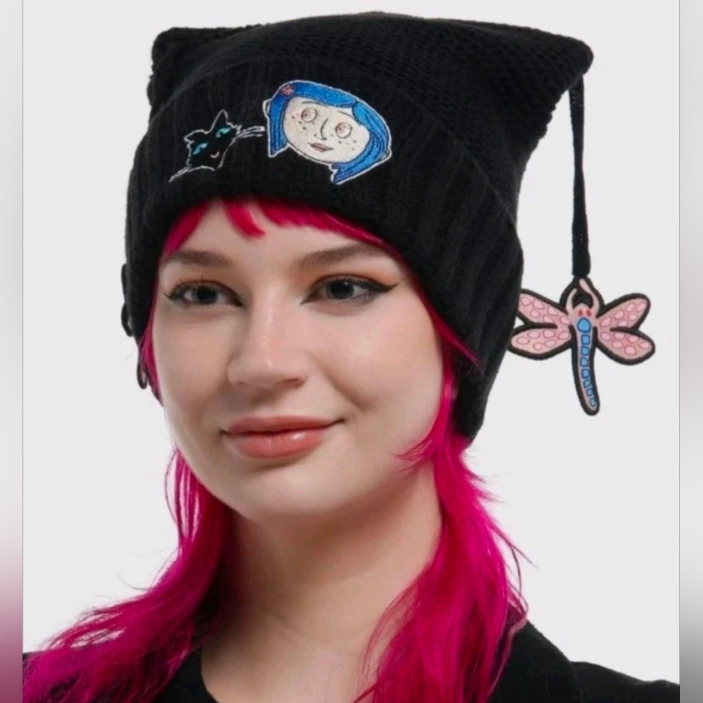 Hot Topic Coraline Dragonfly Cat Tassel Beanie Knit Other World Hat OSFM New!